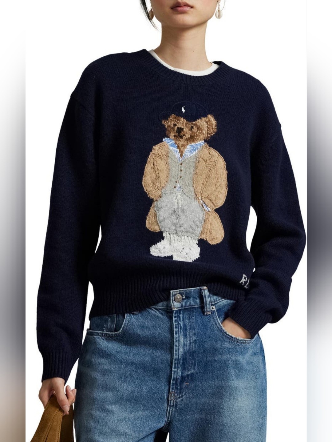 Polo By Ralph Lauren Navy Wool Cashmere Crewneck Sweater With Bear Intarsia S